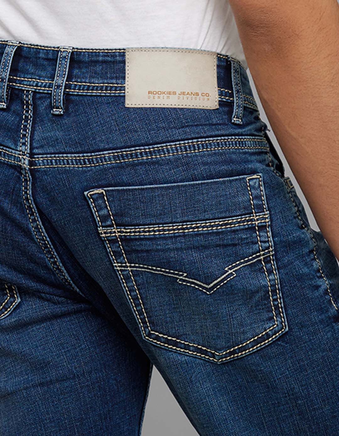 Medium Blue 5 Pocket Mid-Rise Slim Straight Fit Stretch Jeans - Image 6