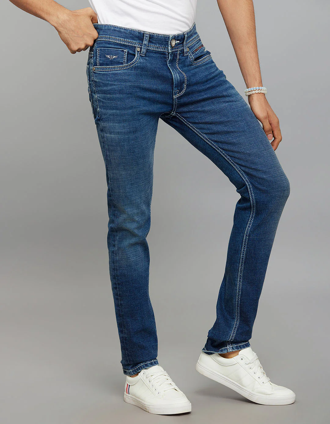 Medium Blue 5 Pocket Mid-Rise Slim Straight Fit Stretch Jeans - Image 3