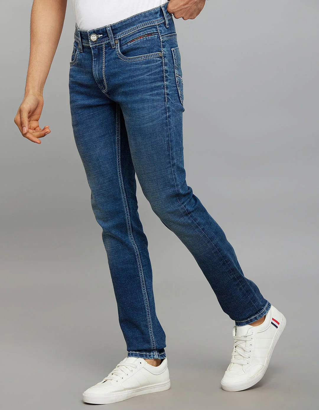 Medium Blue 5 Pocket Mid-Rise Slim Straight Fit Stretch Jeans - Image 4