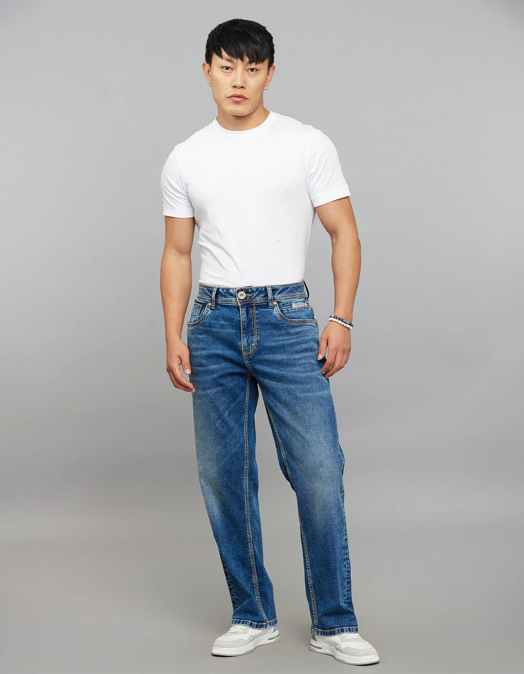 Medium Blue 5 Pocket Midrise, Comfort And Straight Crop Length Stretch Jeans - Image 2
