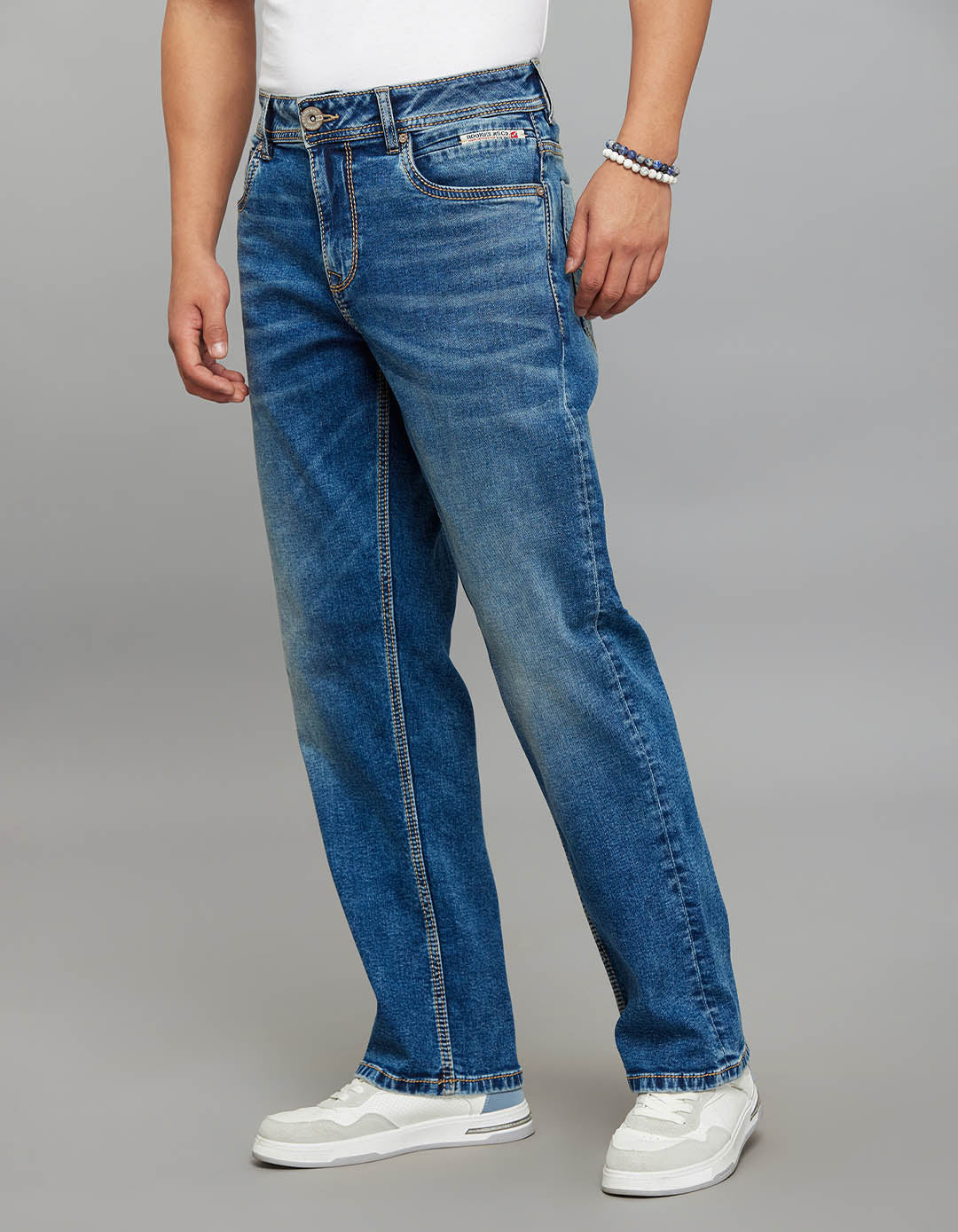 Medium Blue 5 Pocket Midrise, Comfort And Straight Crop Length Stretch Jeans - Image 3