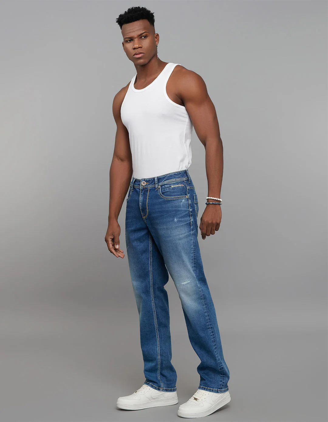 Medium Blue 5 Pocket Midrise, Comfort And Straight Fit Stretch Jeans - Image 2