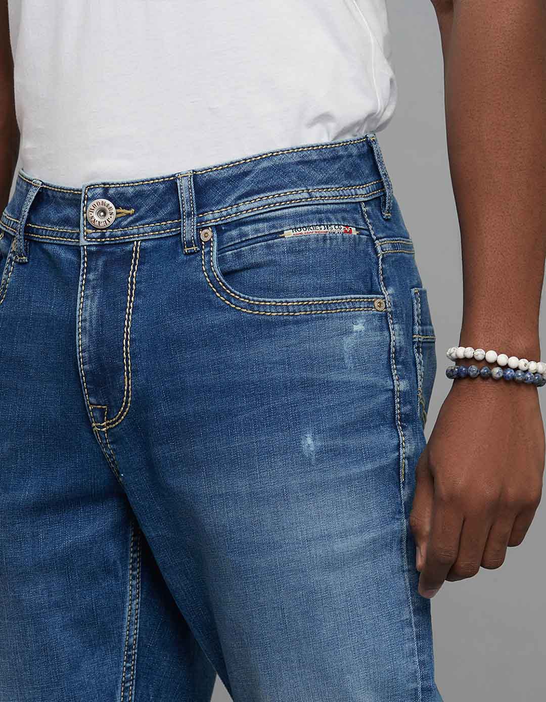 Medium Blue 5 Pocket Midrise, Comfort And Straight Fit Stretch Jeans - Image 5
