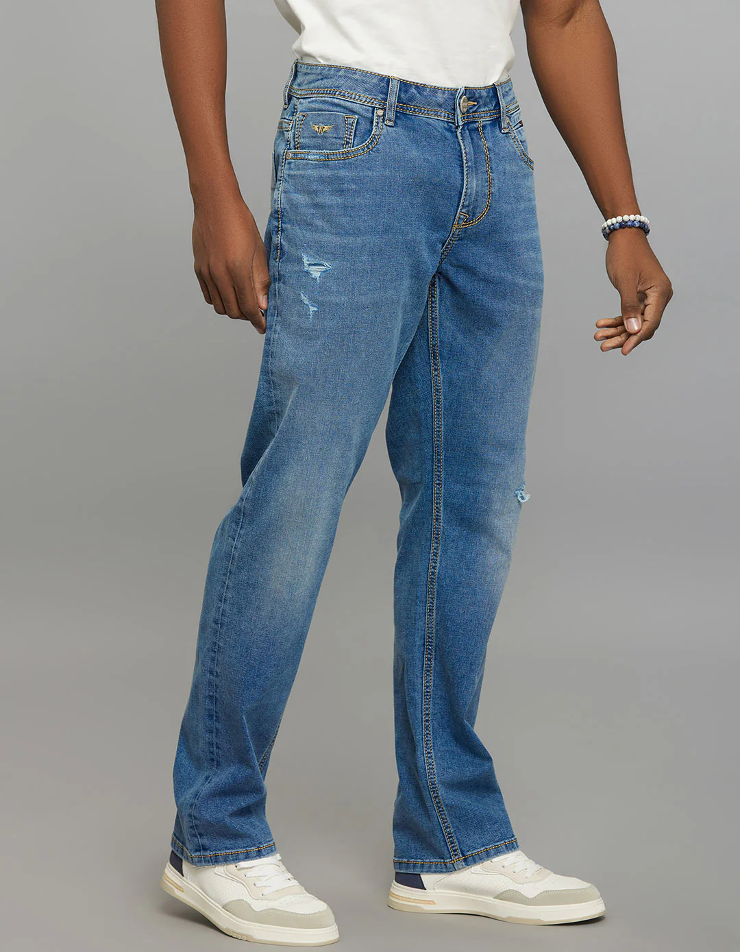 Medium Blue 5 Pocket Midrise, Comfort And Straight Fit Stretch Jeans - Image 3
