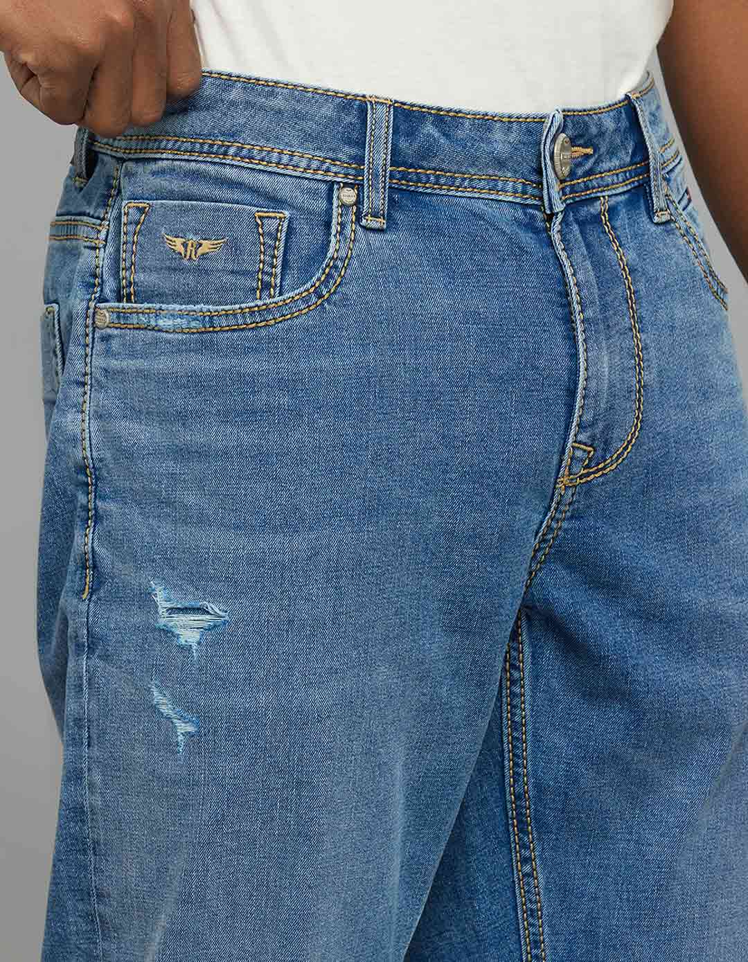 Medium Blue 5 Pocket Midrise, Comfort And Straight Fit Stretch Jeans - Image 5