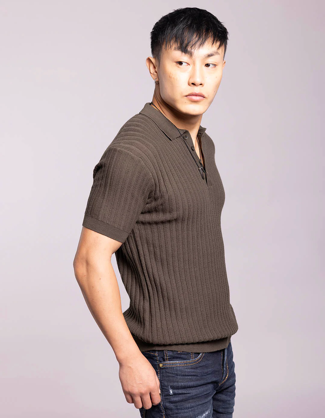 Military Green Half Sleeves Flatknit Polo Tee - Image 3