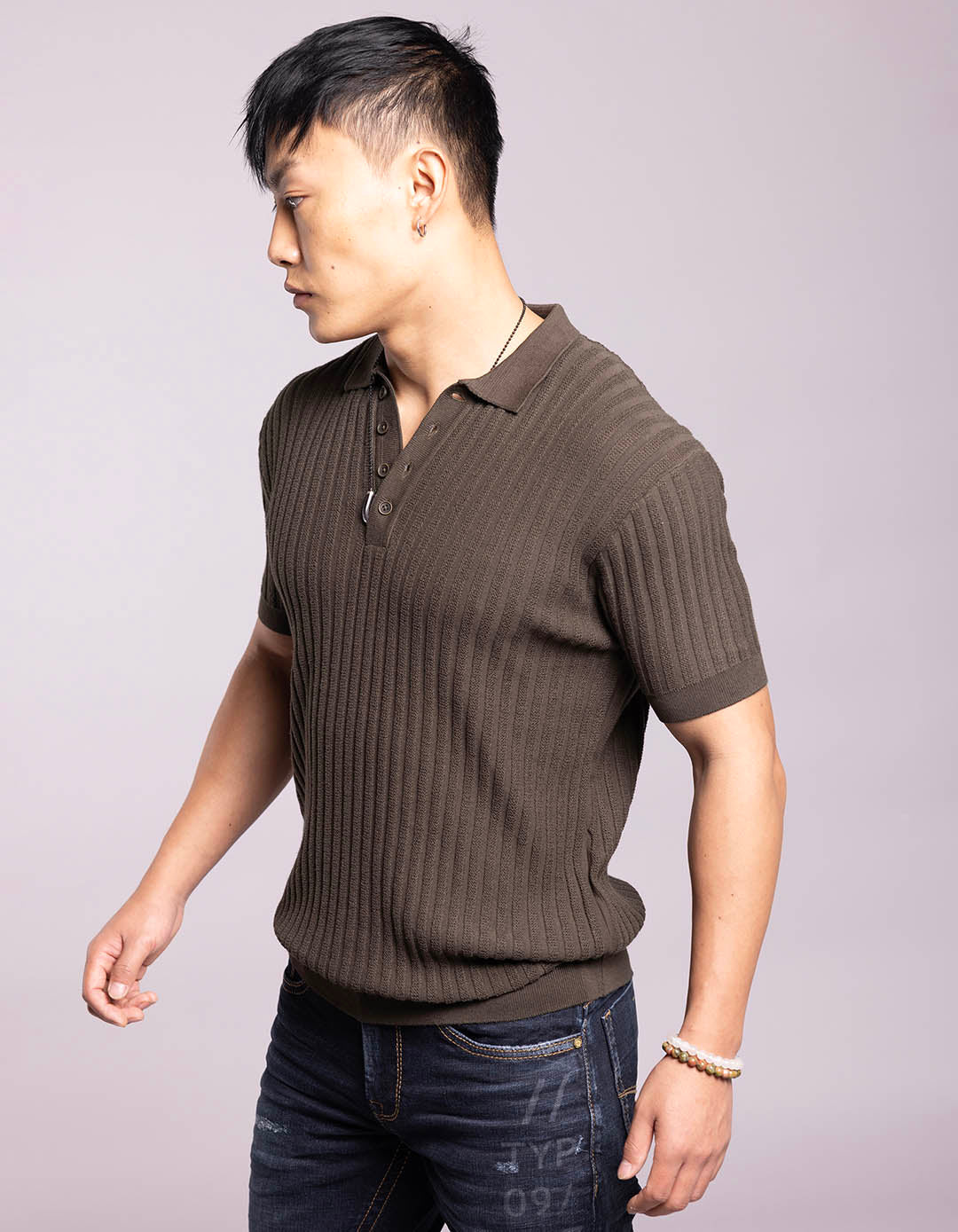 Military Green Half Sleeves Flatknit Polo Tee - Image 4