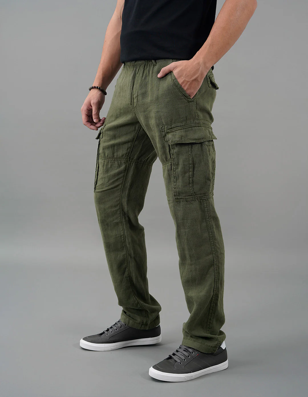 Military Green 100% Linen Cargo Pant - Image 3