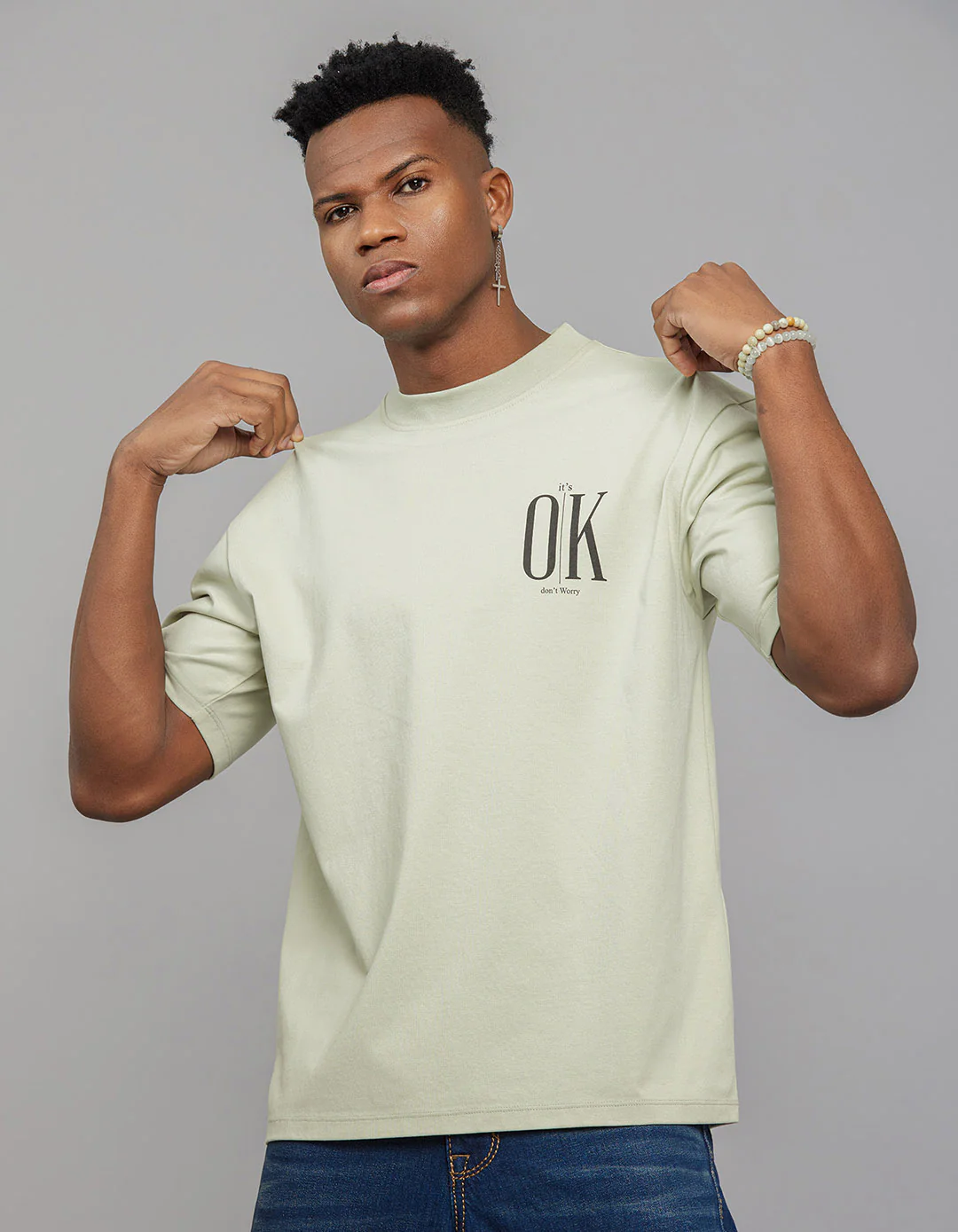 Mint Green Half Sleeves Round Neck Oversized Tee - Image 2