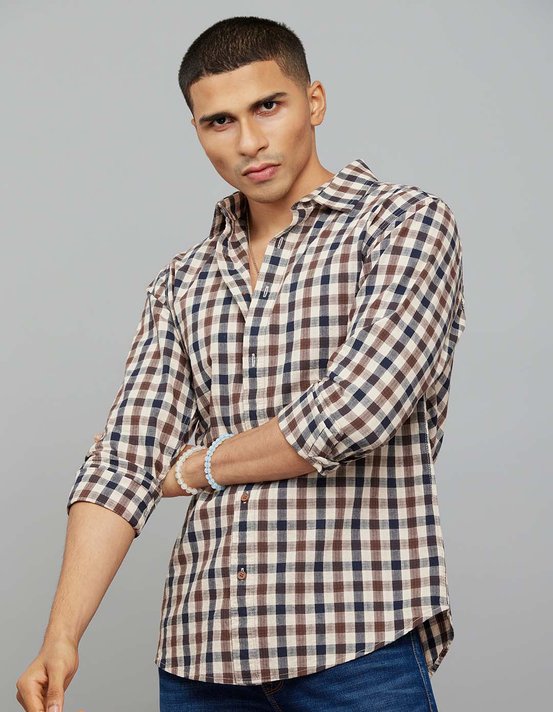 Navy Brown 100% Cotton Full Sleeves Check Shirt - Image 3