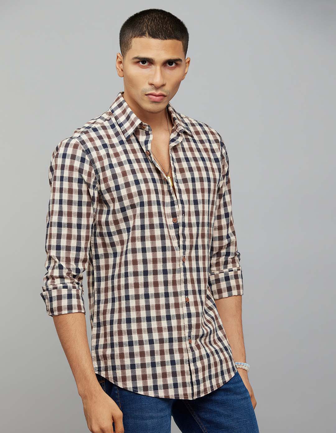Navy Brown 100% Cotton Full Sleeves Check Shirt - Image 4