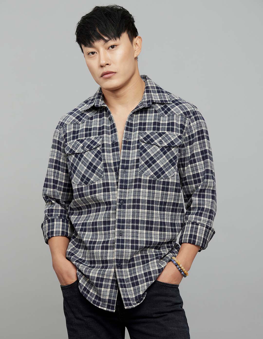 Navy Cream Full Sleeves Stretch Check Shirt
