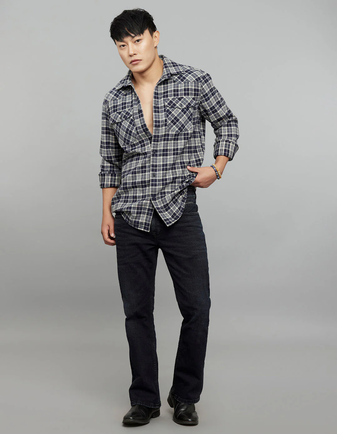 Navy Cream Full Sleeves Stretch Check Shirt - Image 2