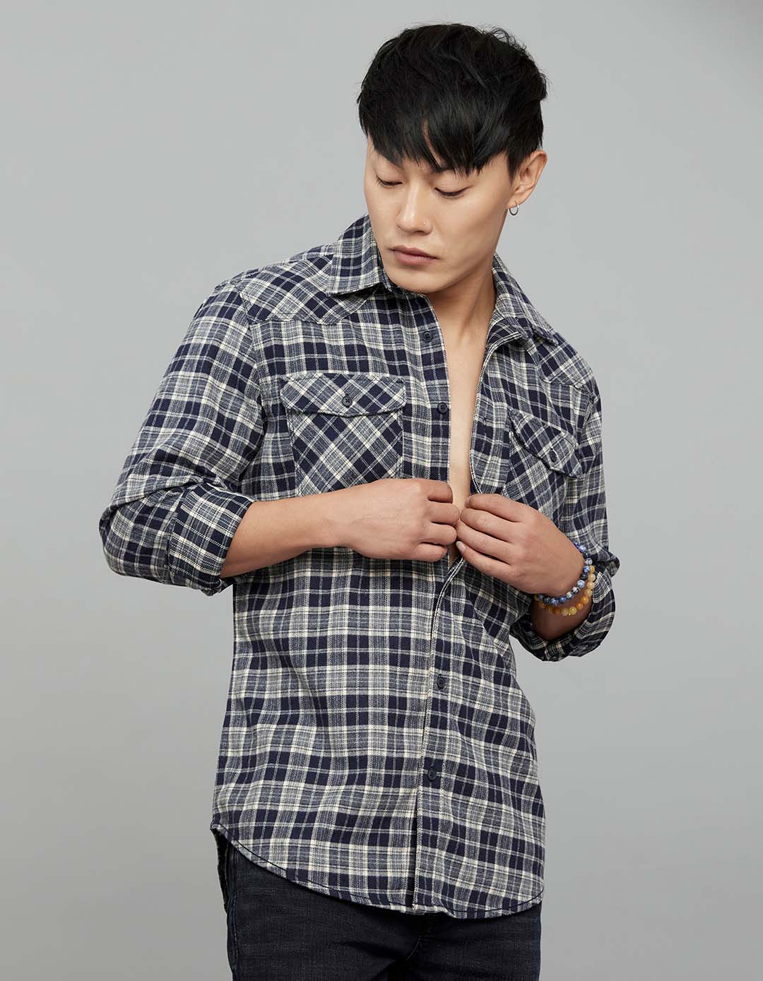 Navy Cream Full Sleeves Stretch Check Shirt - Image 3