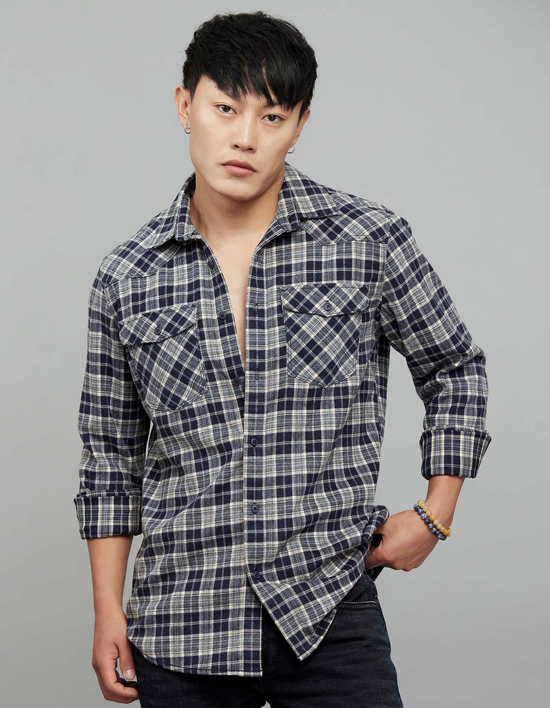 Navy Cream Full Sleeves Stretch Check Shirt - Image 4