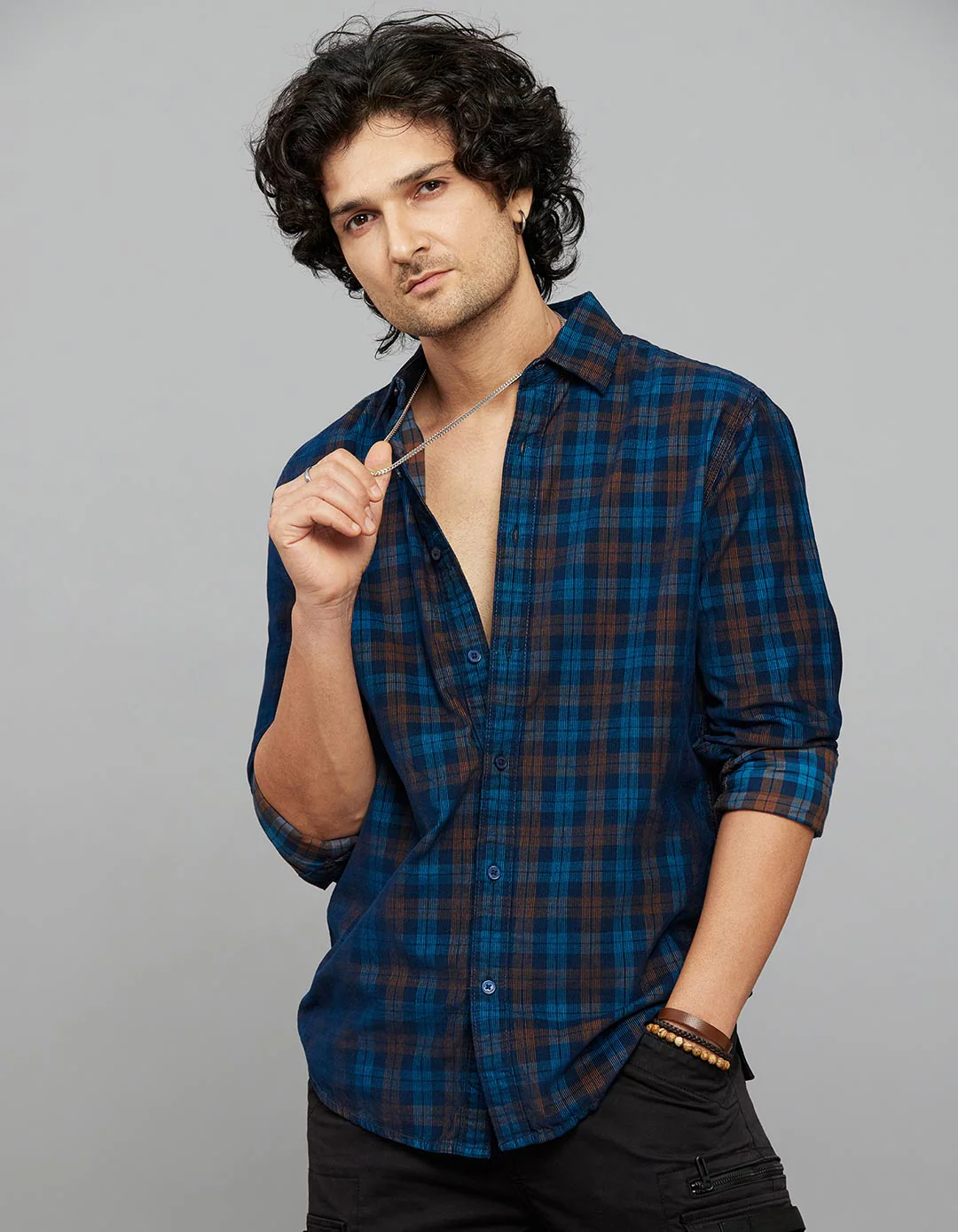 Navy 100% Cotton Full Sleeves Corduroy Check Shirt