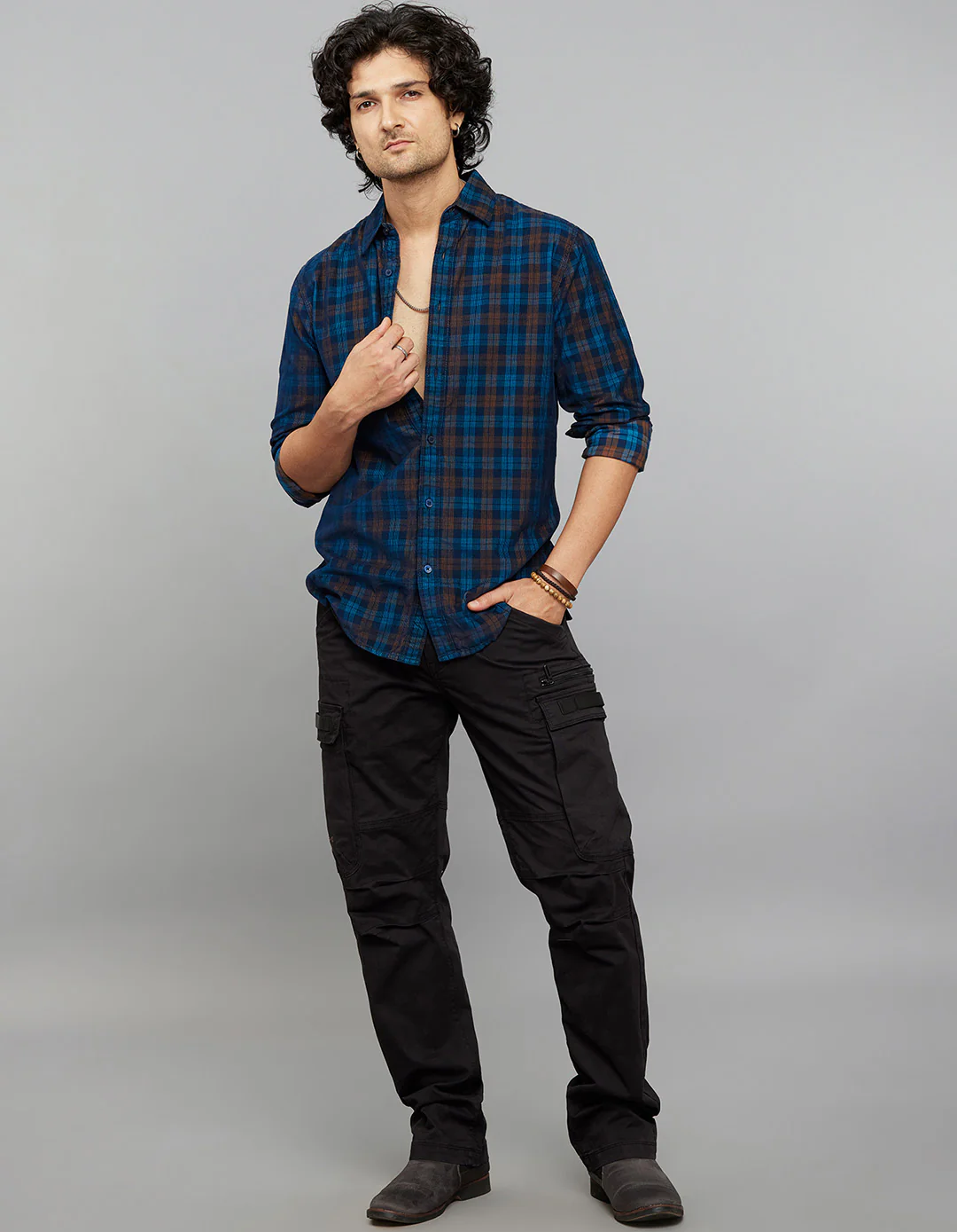 Navy 100% Cotton Full Sleeves Corduroy Check Shirt - Image 2
