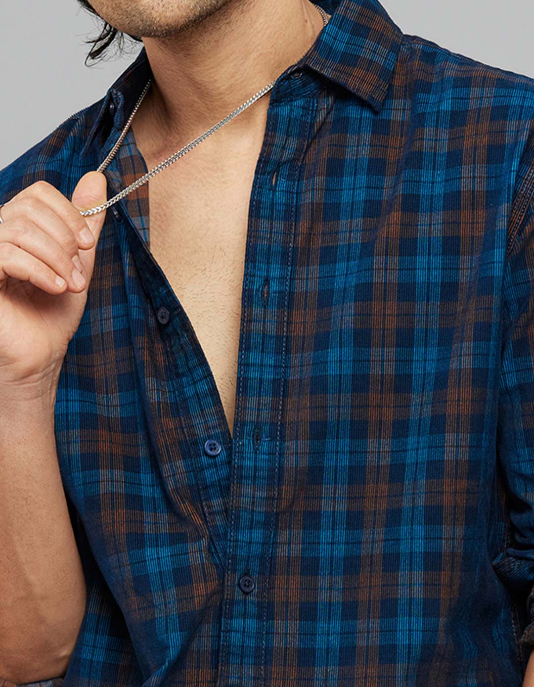 Navy 100% Cotton Full Sleeves Corduroy Check Shirt - Image 6