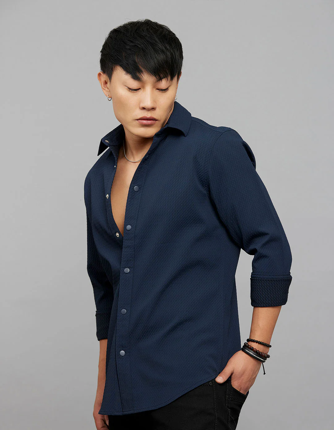 Navy Full Sleeves Texture Shirt - Image 3