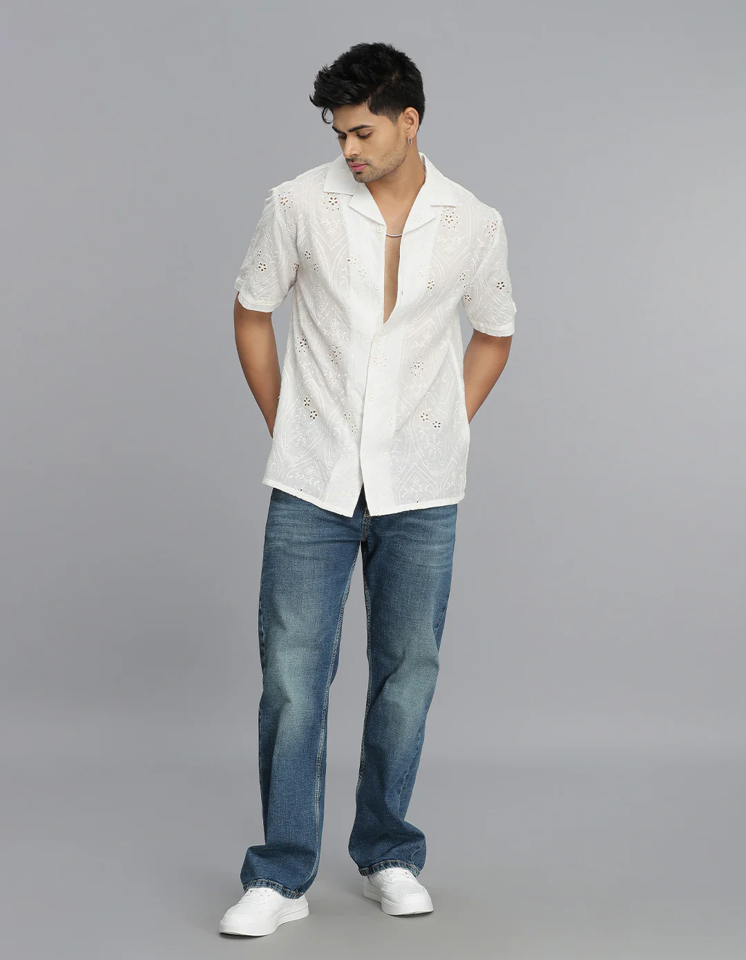 Off White Half Sleeves Textured Dobby Shirt - Image 2
