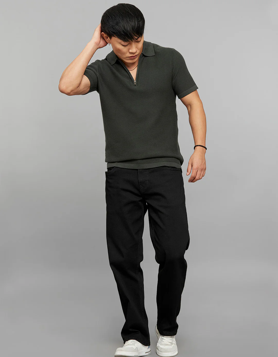 Off White Polo Neck Half Sleeves Flatknit Half Button Front - Image 2