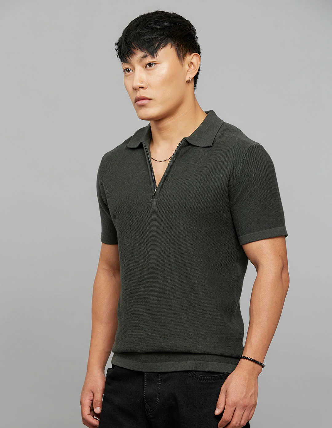 Off White Polo Neck Half Sleeves Flatknit Half Button Front - Image 3