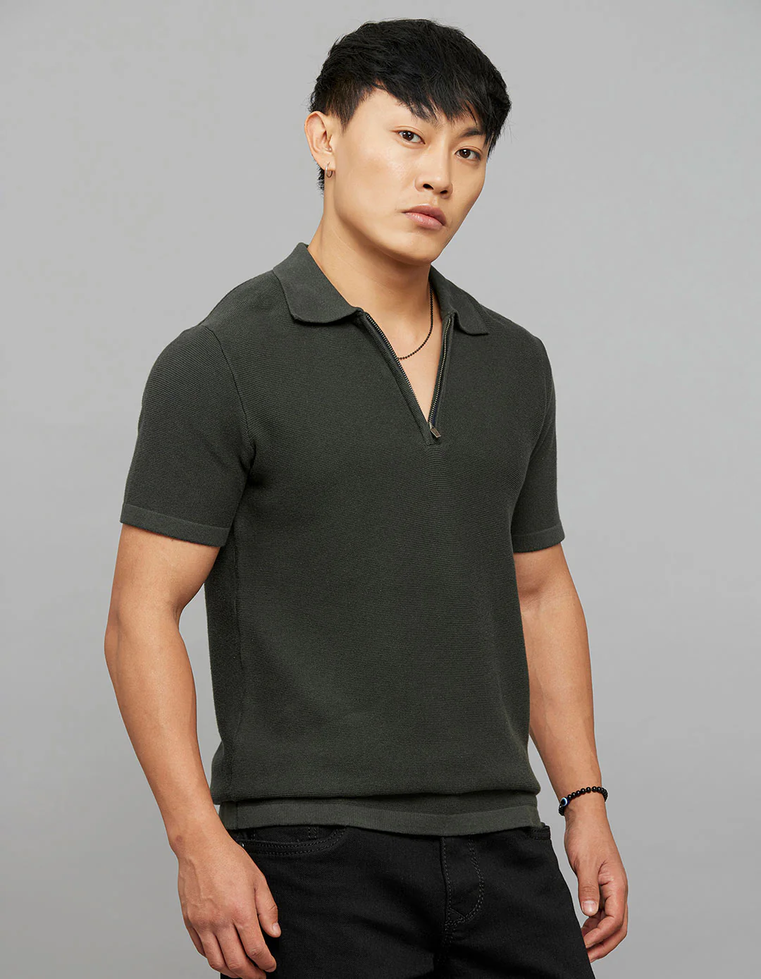 Off White Polo Neck Half Sleeves Flatknit Half Button Front - Image 4