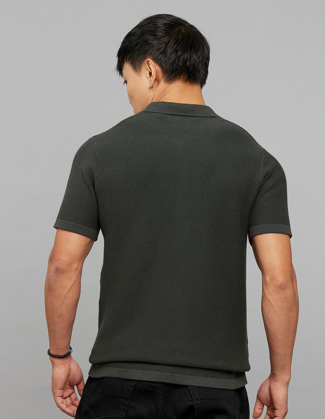 Off White Polo Neck Half Sleeves Flatknit Half Button Front - Image 6