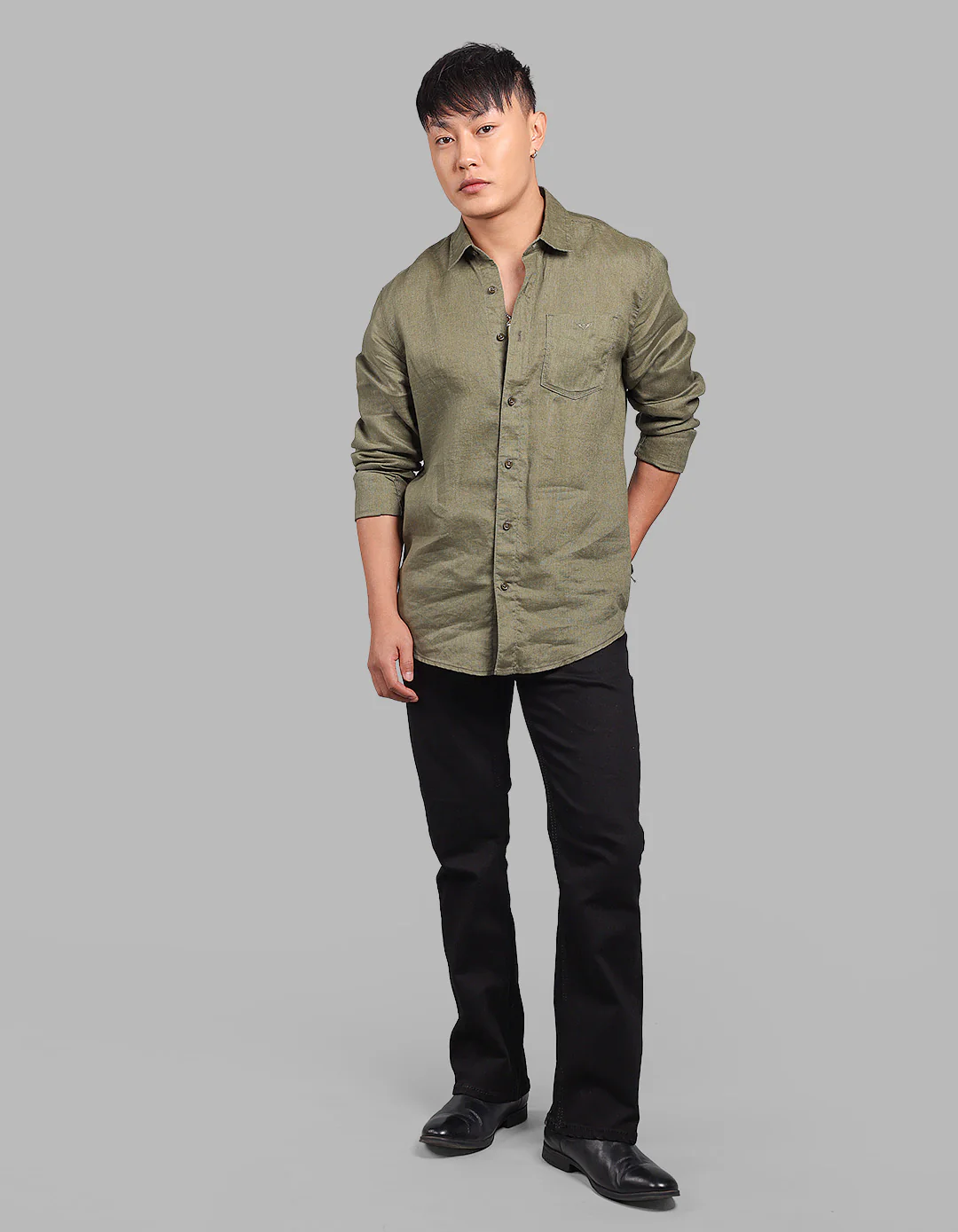 Olive Full Sleeve 100% Linen Shirt - Image 2