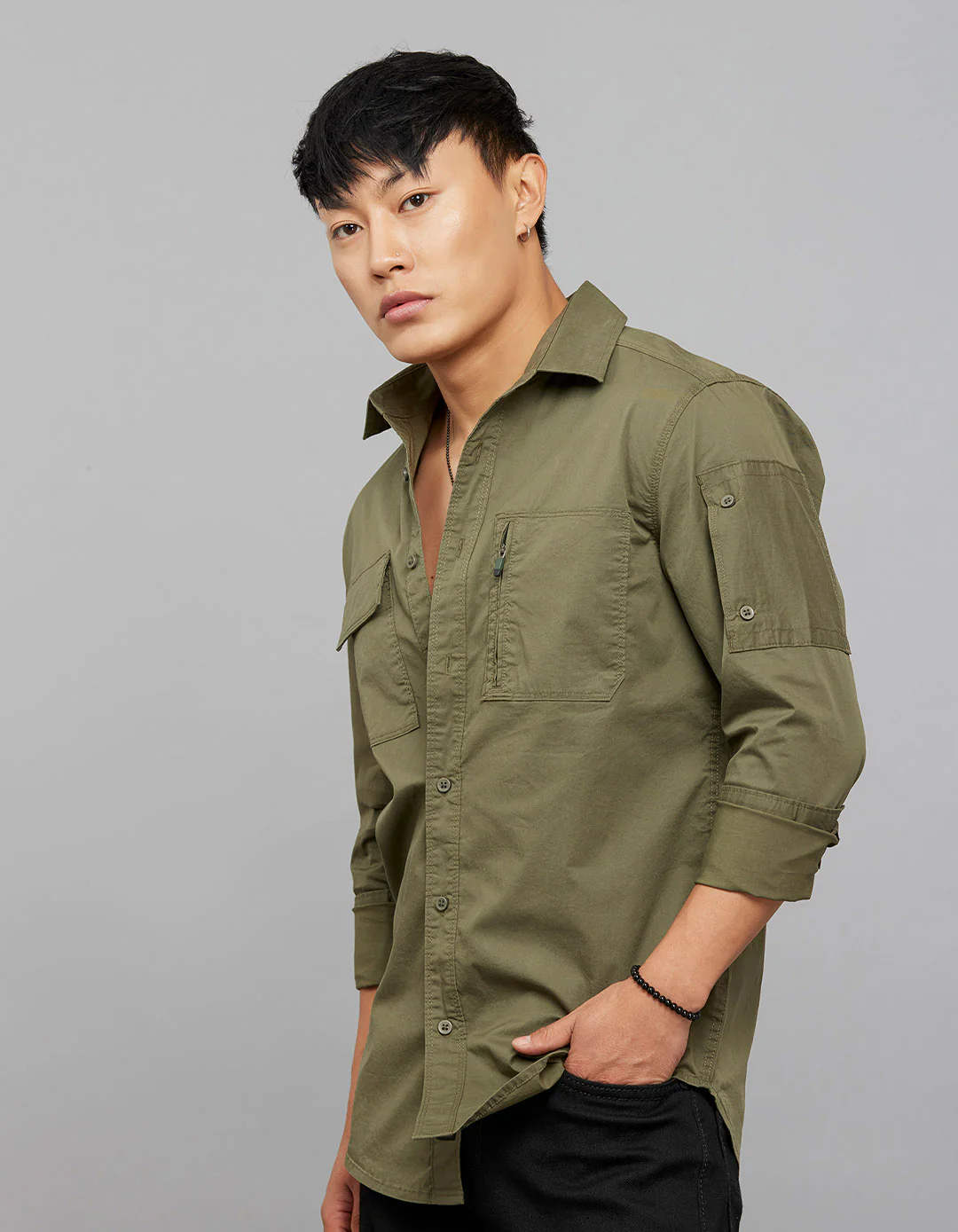Olive Full Sleeves Cargo Shirt - Image 3