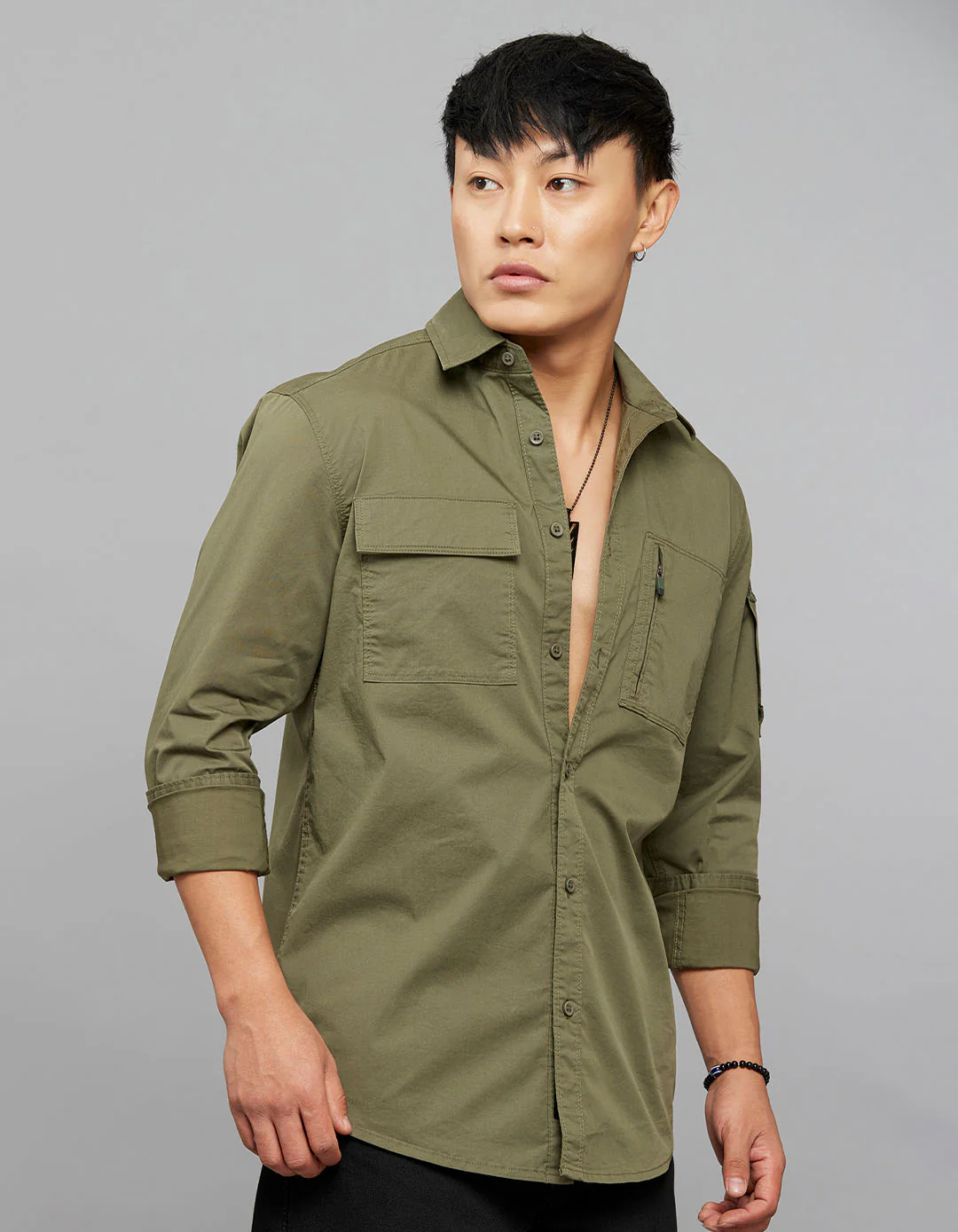 Olive Full Sleeves Cargo Shirt - Image 4