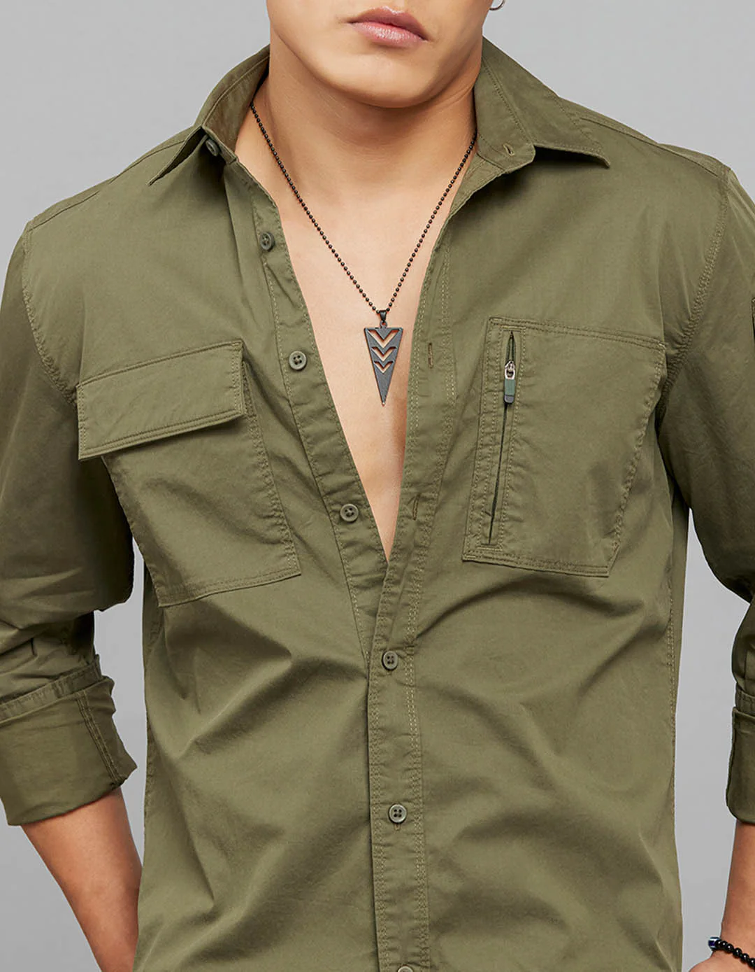 Olive Full Sleeves Cargo Shirt - Image 6