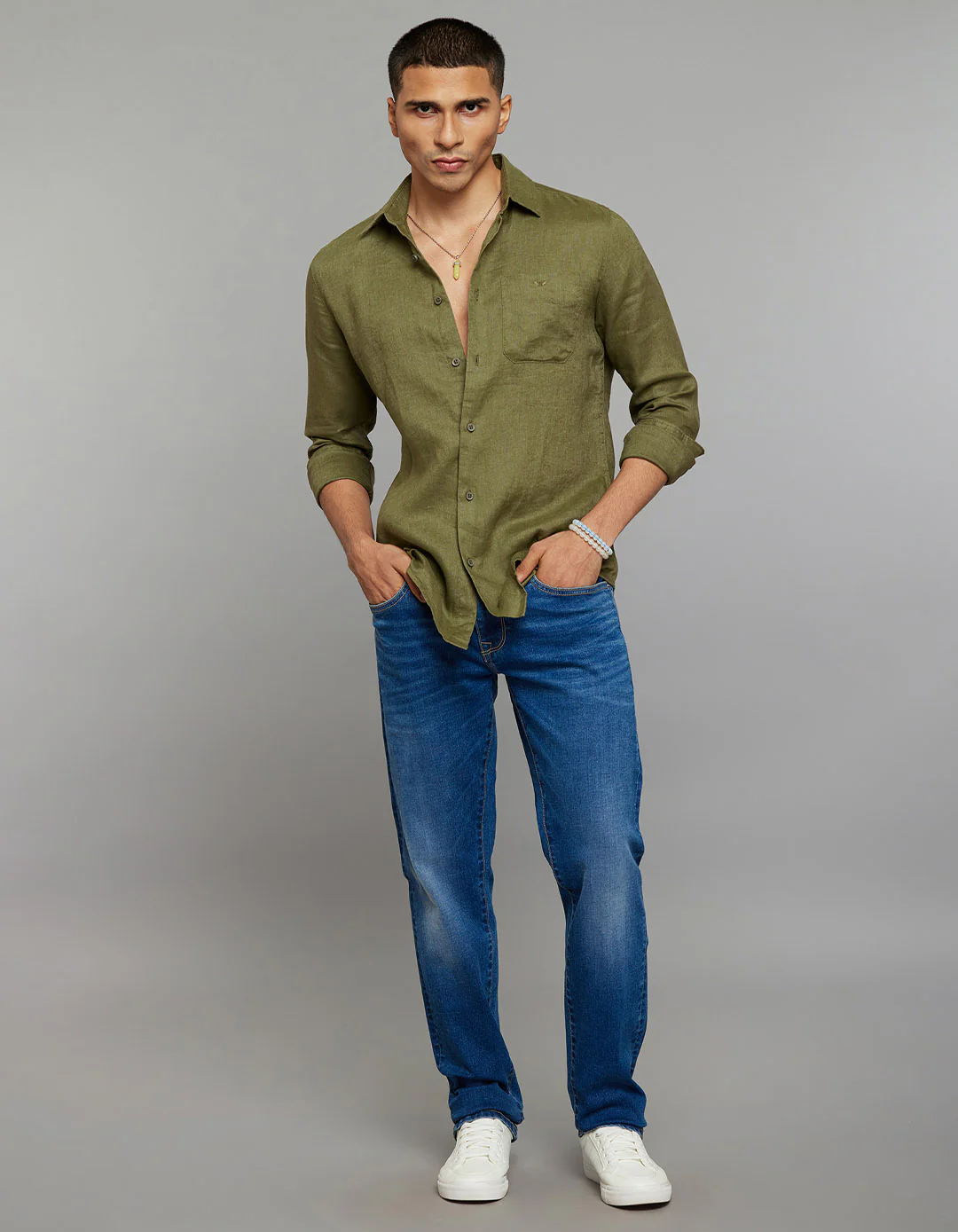Olive Full Sleeves Linen Blend Shirt - Image 2