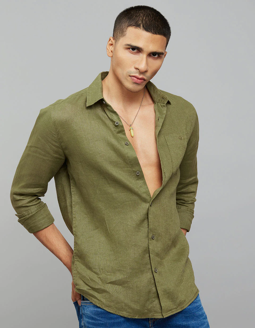 Olive Full Sleeves Linen Blend Shirt - Image 3