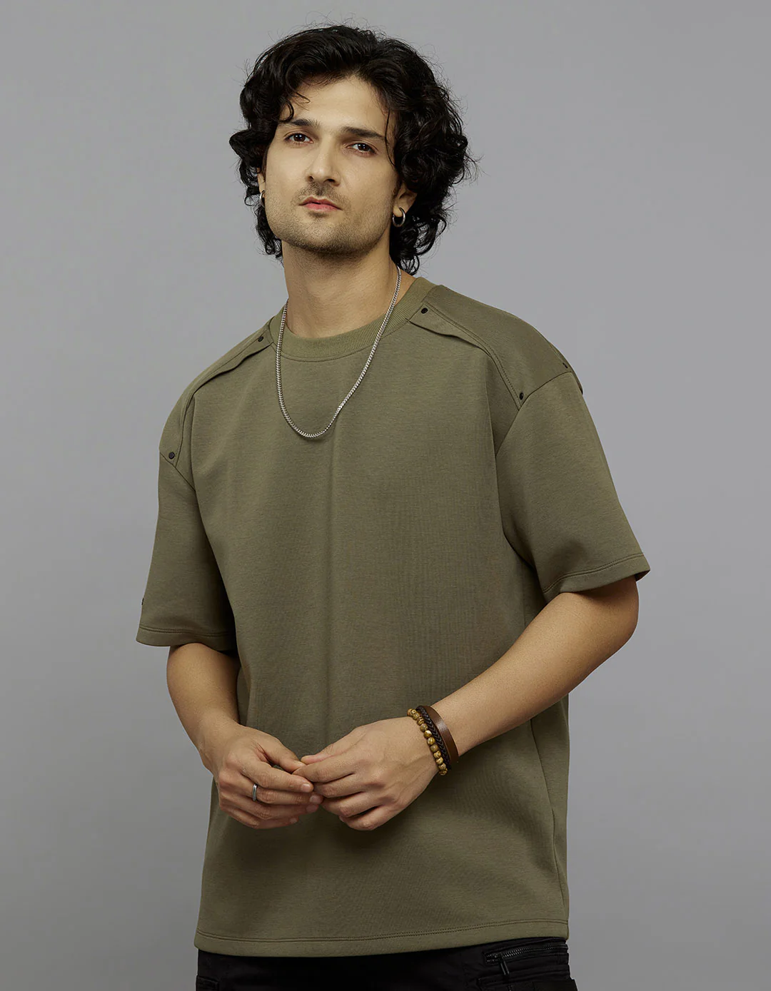 Olive Half Sleeves Round Neck Oversized Tee