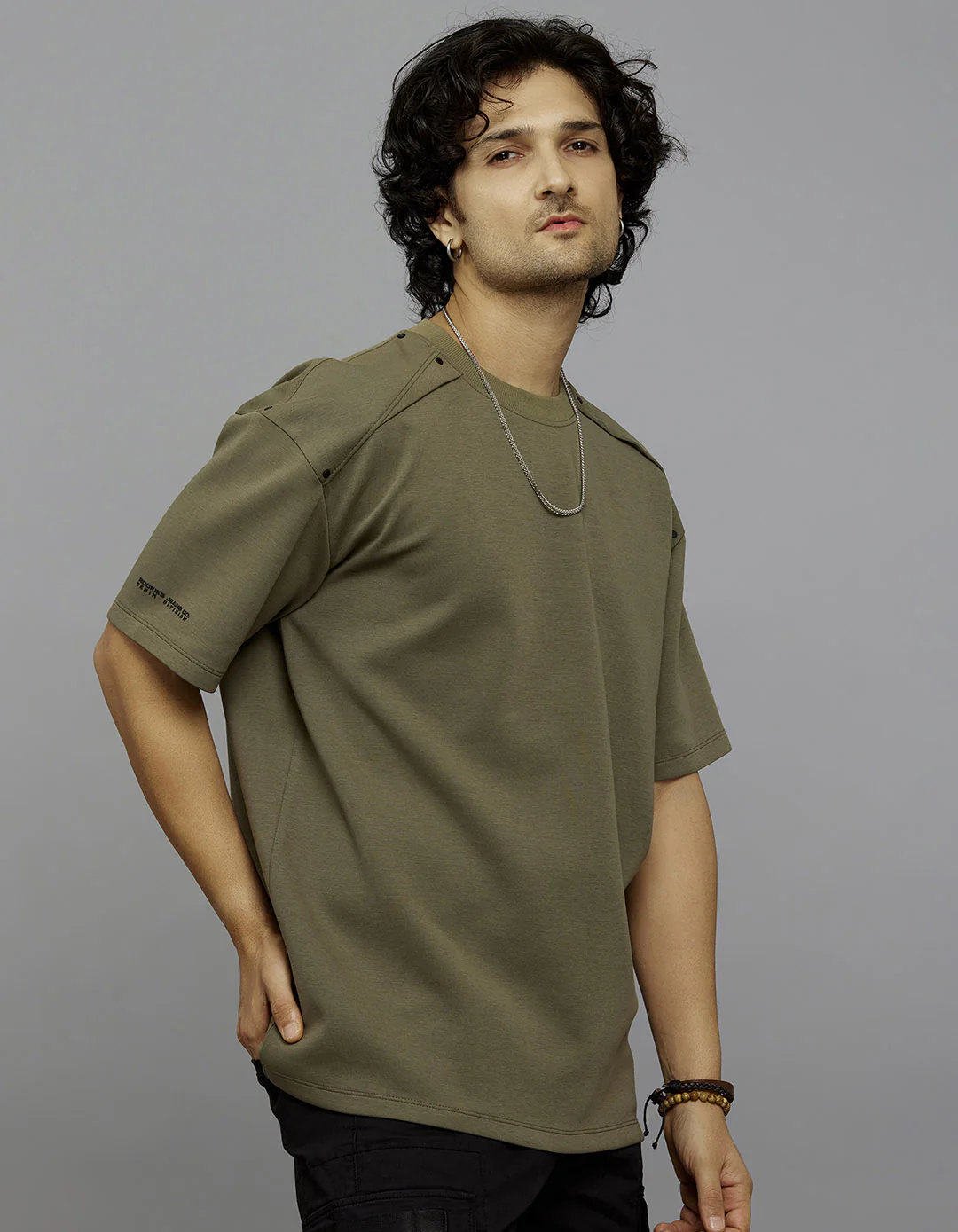 Olive Half Sleeves Round Neck Oversized Tee - Image 4