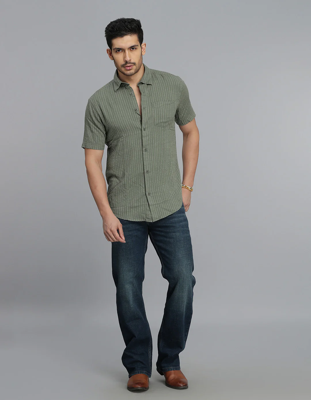 Olive Half Sleeves Stripe Shirt - Image 2