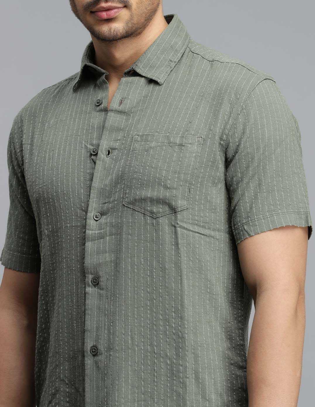 Olive Half Sleeves Stripe Shirt - Image 6