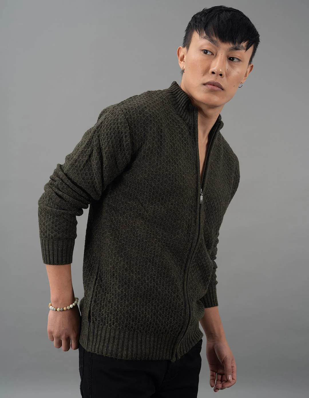 Olive Melange High Neck Pullover Sweater - Image 4