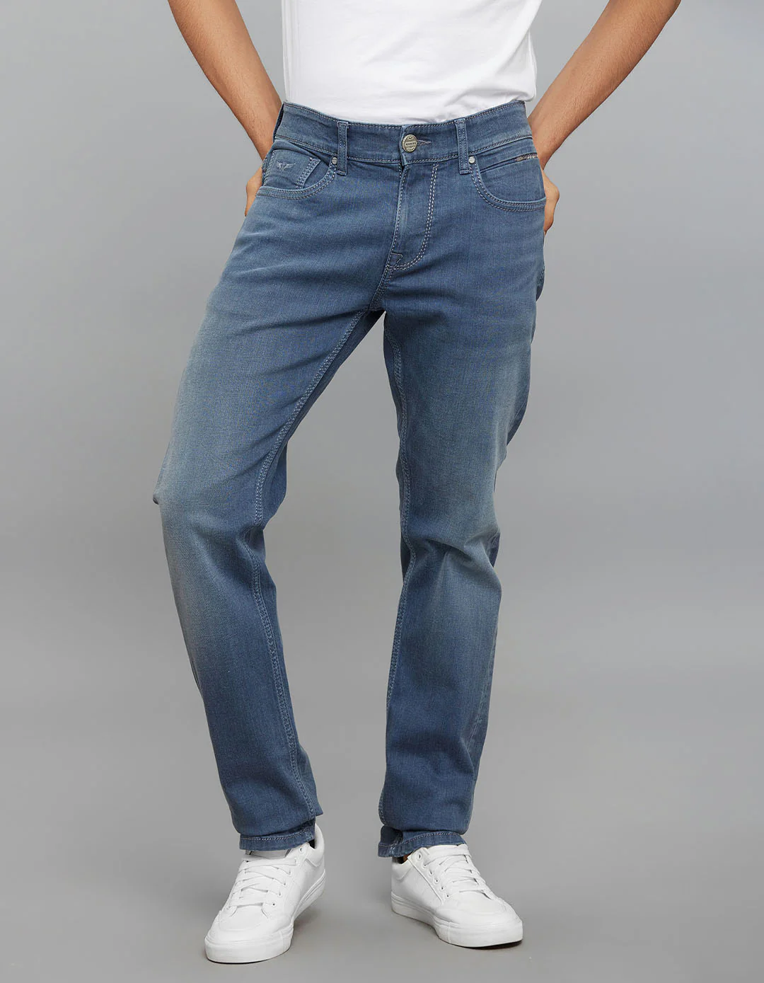 Petrol 5 Pocket Mid-Rise Slim Straight Fit Stretch Jeans