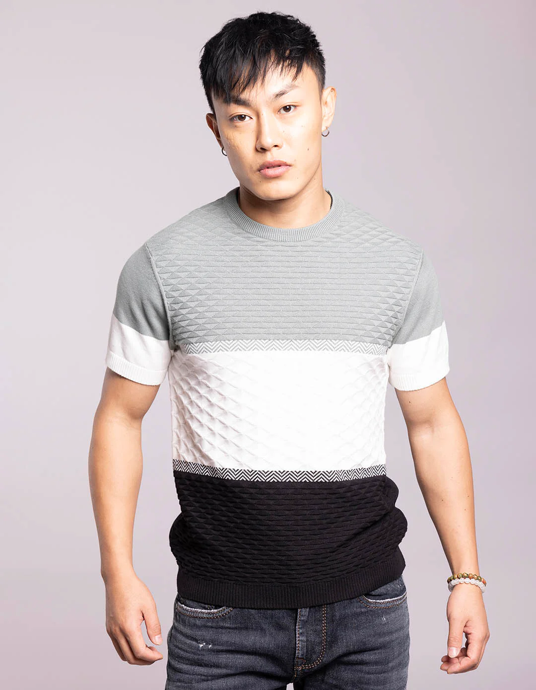 Pista Green White Round Neck Flatknit Tee