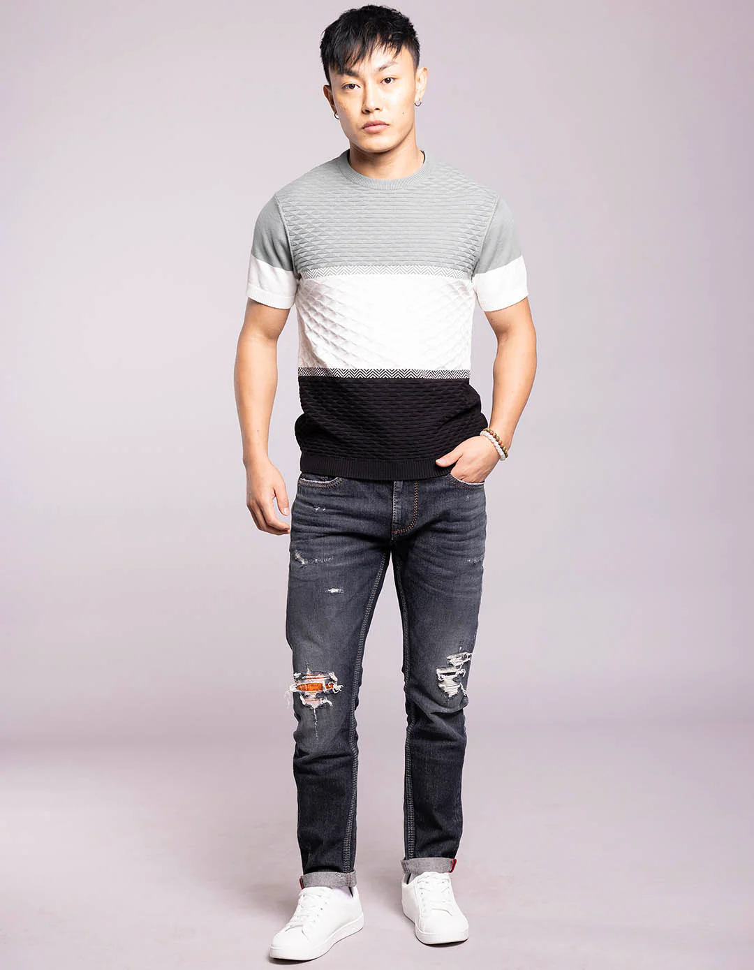Pista Green White Round Neck Flatknit Tee - Image 2