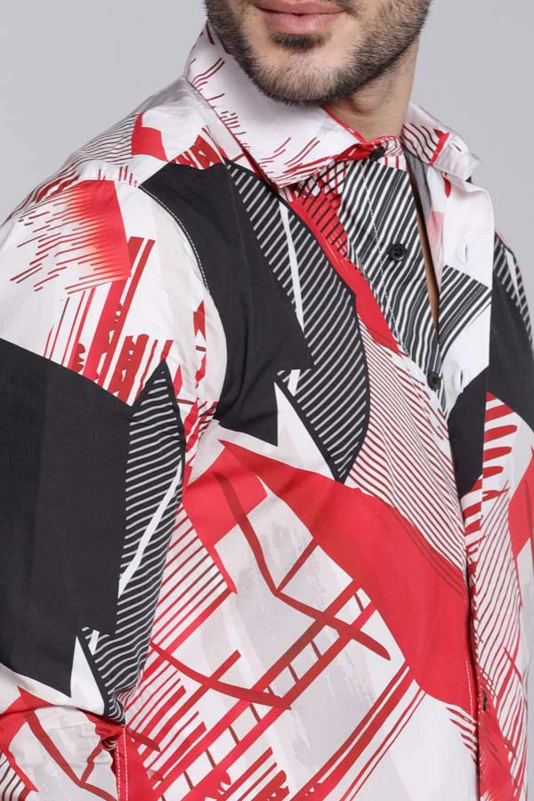 Red White Full Sleeves Printed Shirt - Image 6