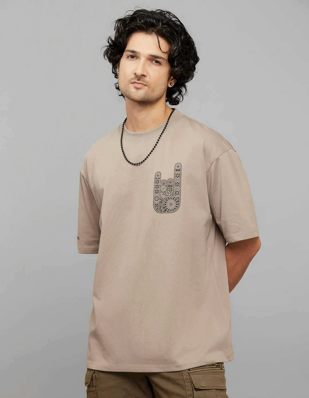 Sand Half Sleeves Round Neck Oversized Tee - Image 2