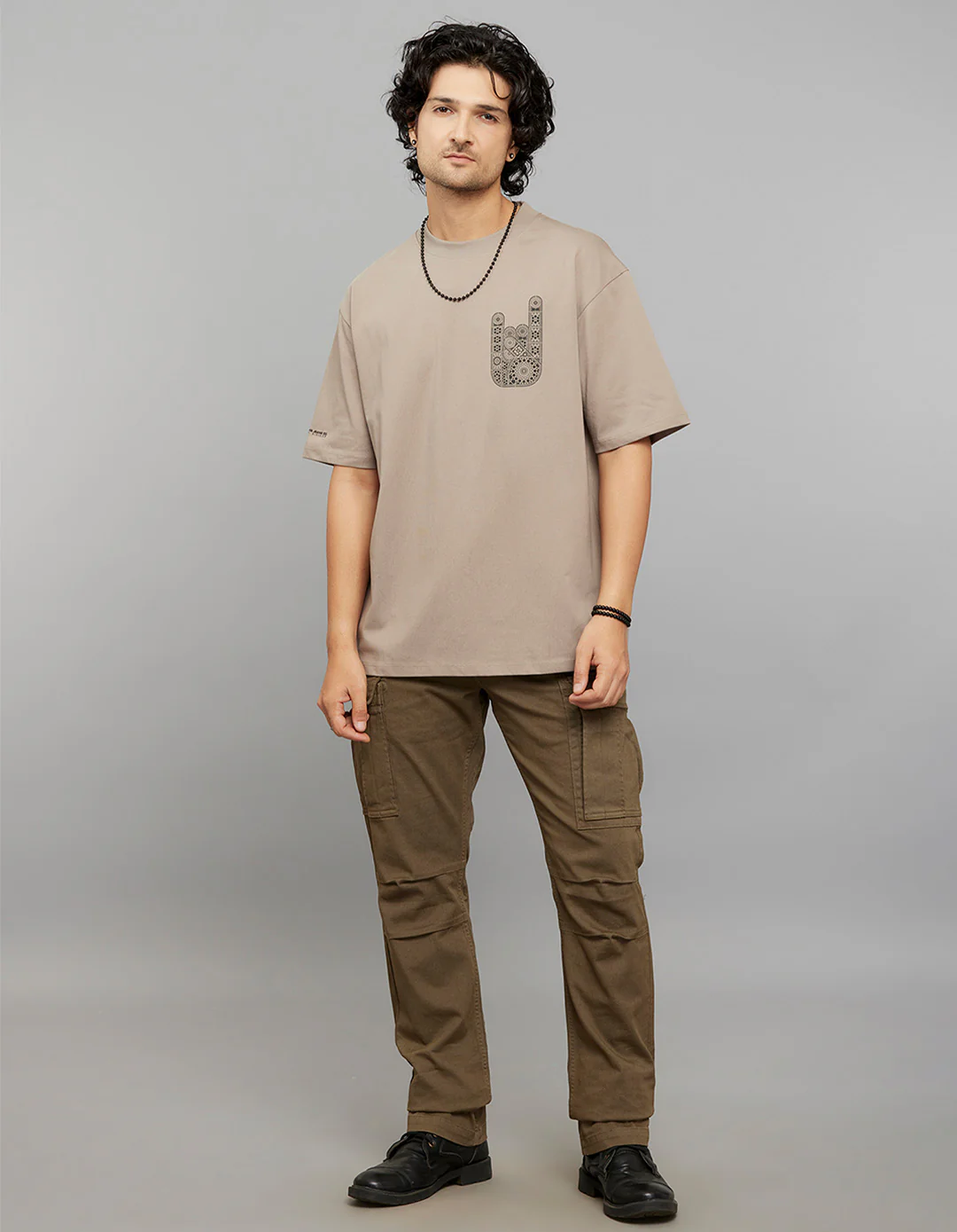 Sand Half Sleeves Round Neck Oversized Tee - Image 3