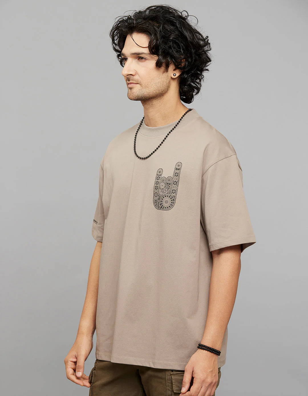 Sand Half Sleeves Round Neck Oversized Tee - Image 4