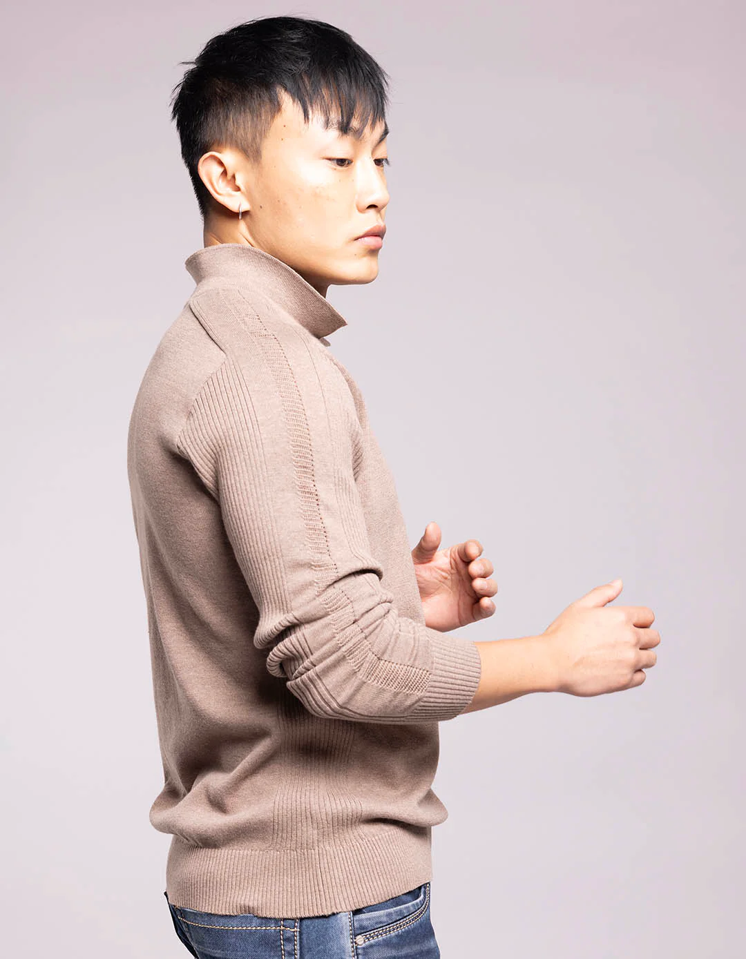Sand Melange Full Sleeves Flatknit Polo Tee - Image 4