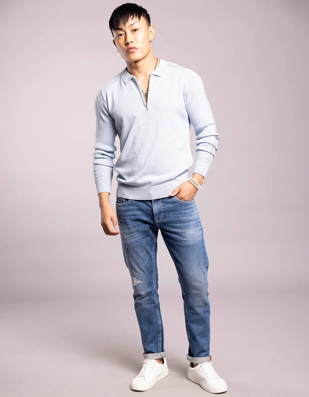 Sky Blue Full Sleeves Flatknit Polo Tee - Image 2
