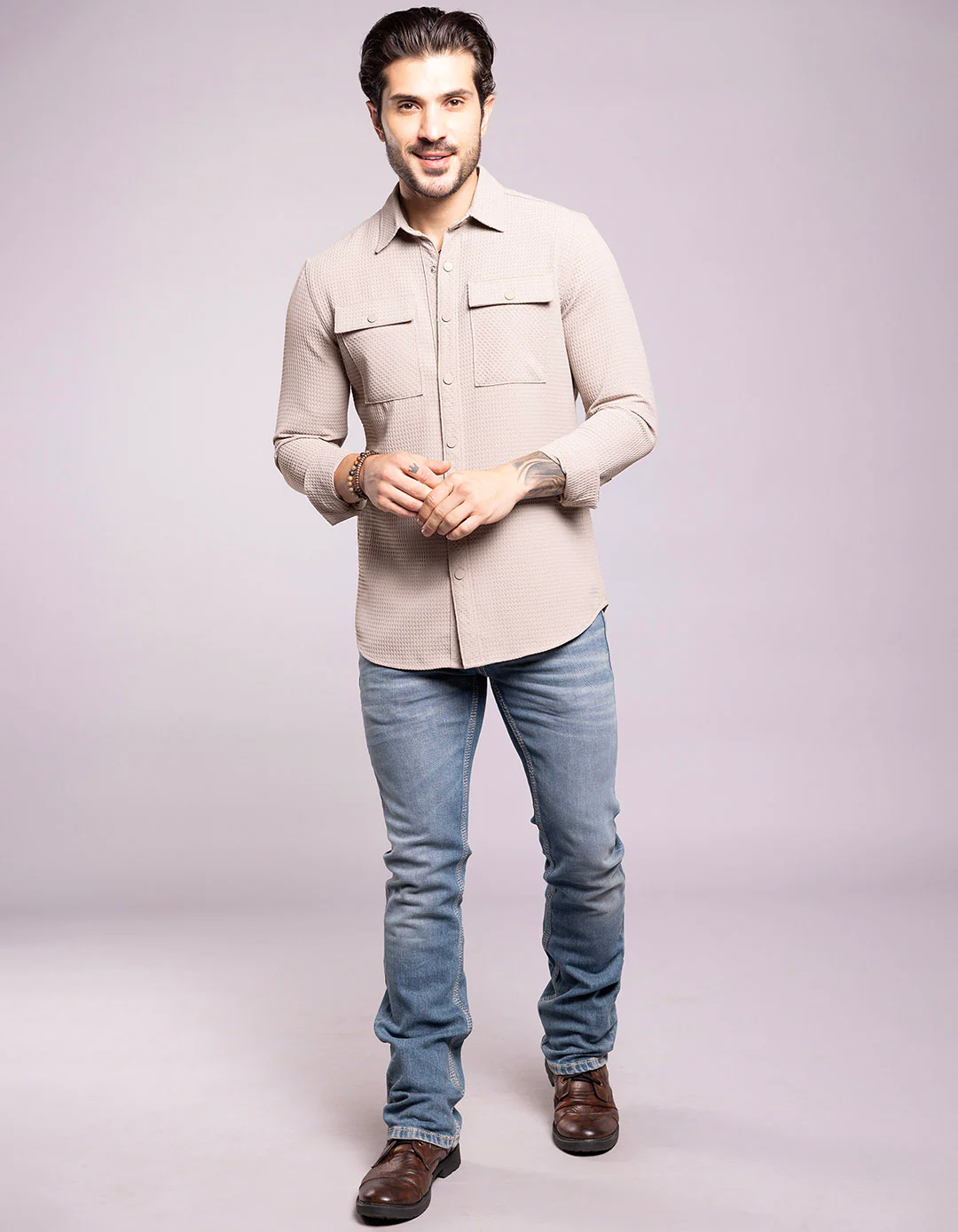 Stone Full Sleeves Textured Waffle Shirt - Image 2