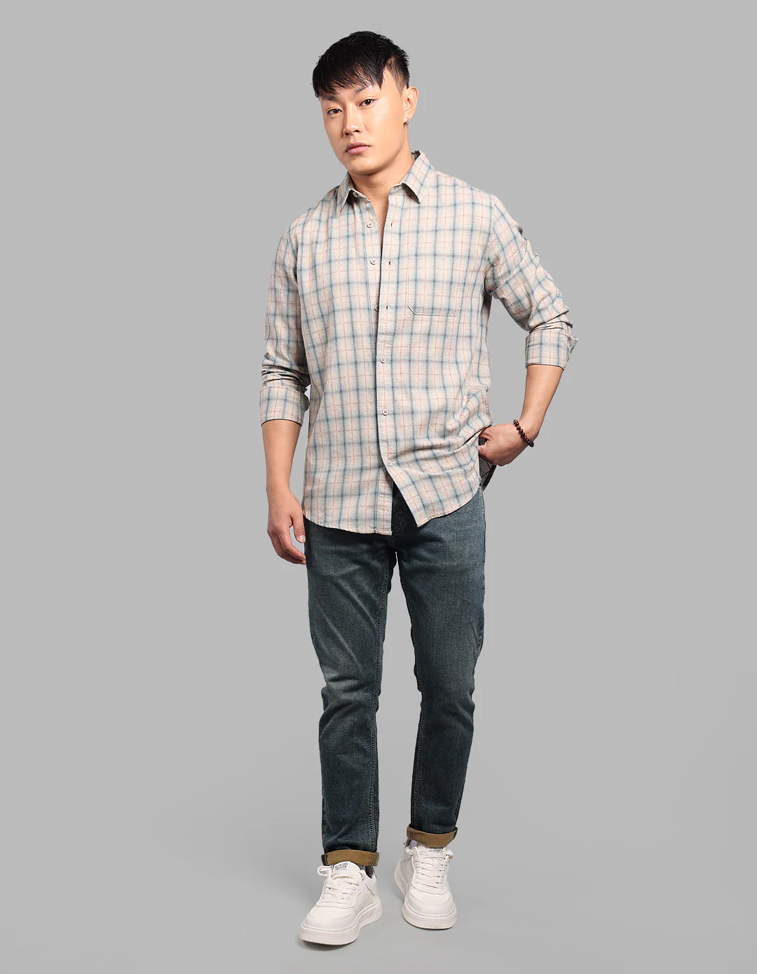 Teal Beige Full Sleeve Check Shirt - Image 2
